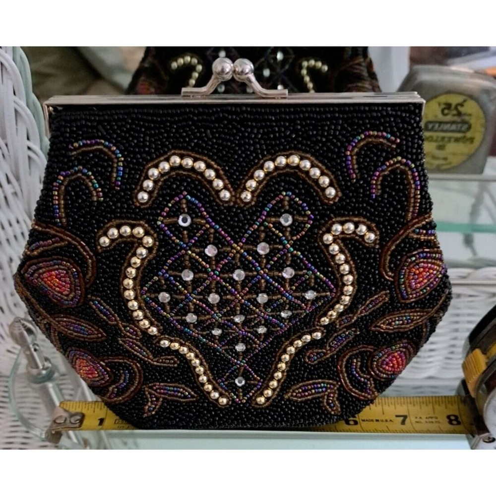 Elegant Black Beaded Evenening Bag Pouch with Shoulder Strap Ample Storage